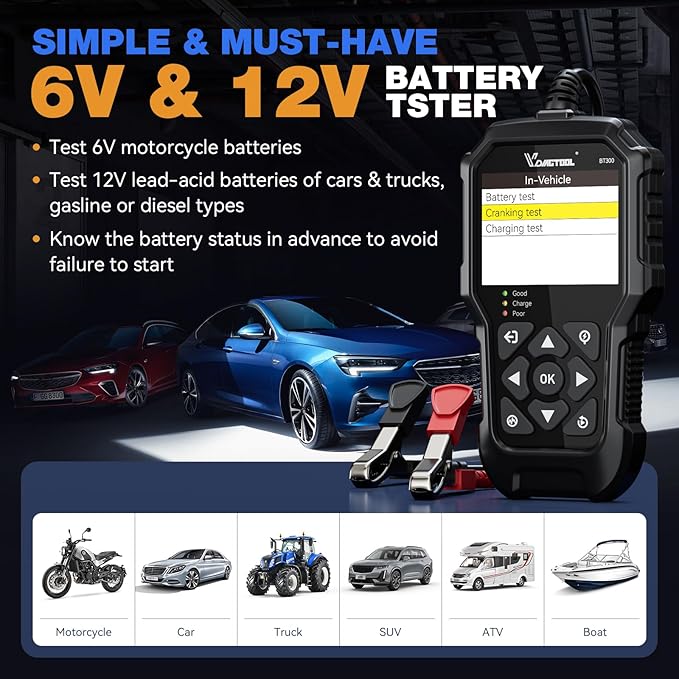 VDIAGTOOL BT300 Car Battery Tester 6V 12V, 5-3000 CCA Load Tester Starter
