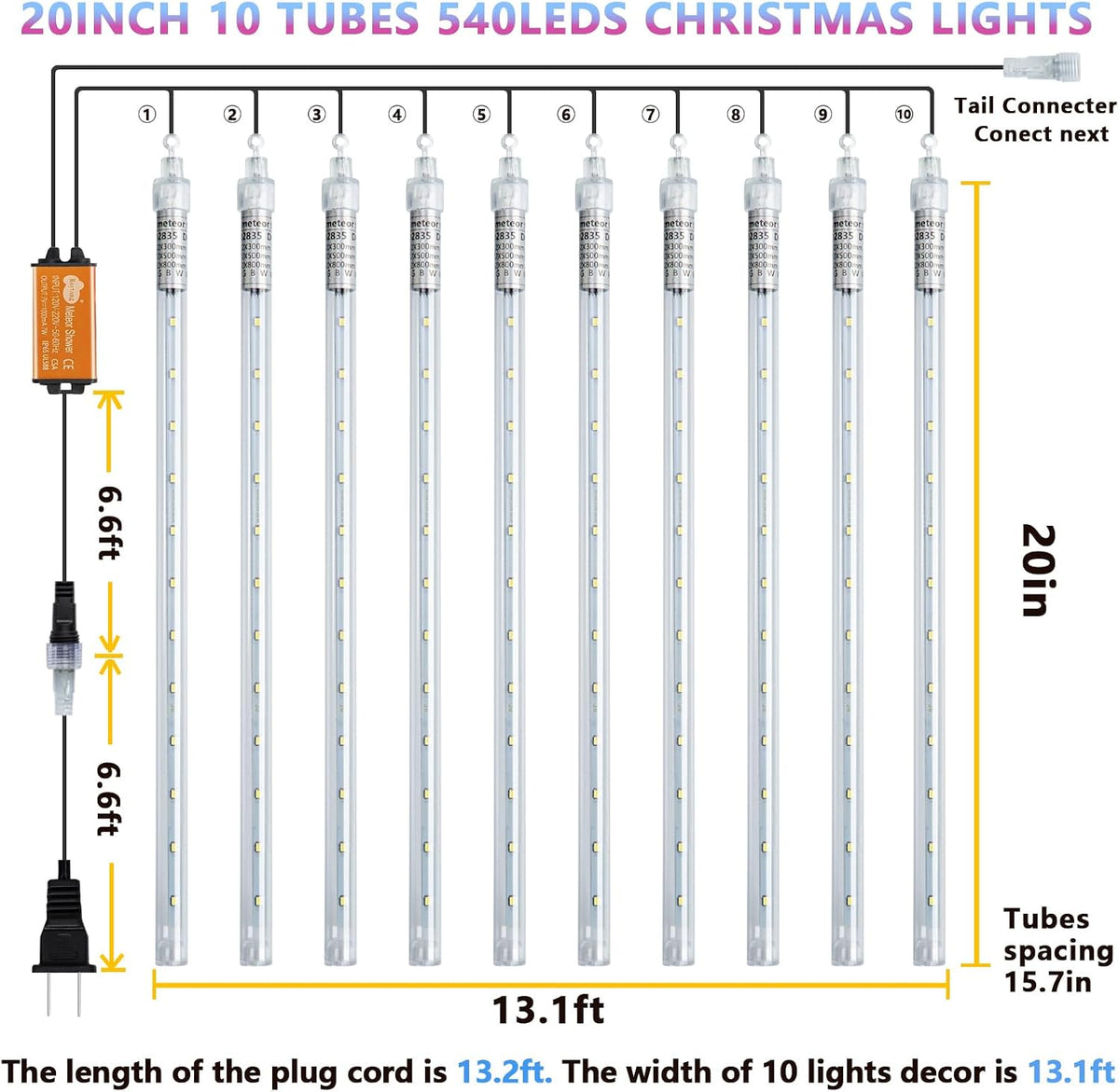 Purple Meteor Shower Lights, 10 Tube 540 LED 20 Inch Icicle Raindrop Lights for Halloween Tree Patio Garden Roof Eaves Outdoor Decor, Waterproof Plug (Can Connect 100 Sets)