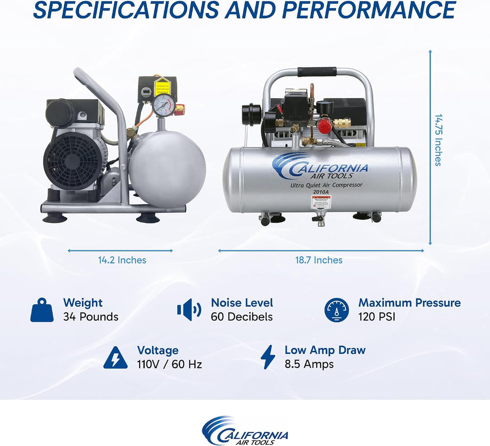 California Air Tools 2010A 1.0 HP Ultra Quiet and Oil-Free Air Compressor, 2 ...