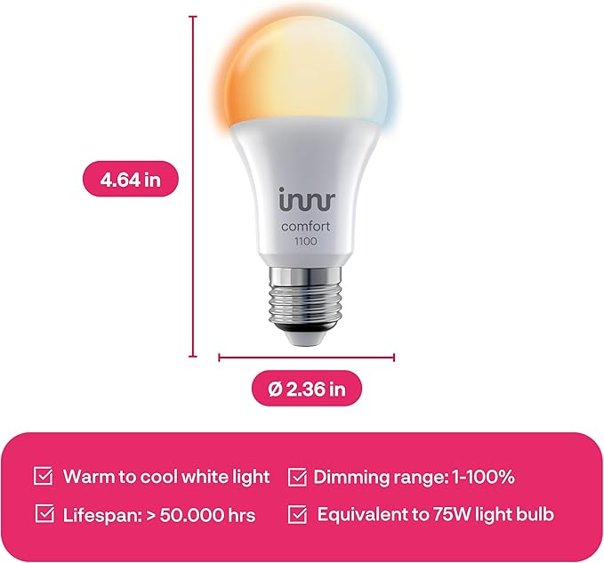 innr Smart Light Bulbs, A19 Zigbee, Works (2-Pack)