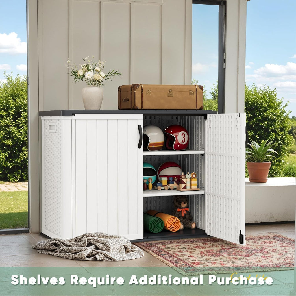 devoko shelf of resin outdoor storage cabinet, 26 shown in use