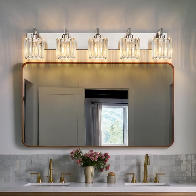 FDPBY Modern Bathroom Vanity Light 5-Lights Brushed Nickel Vanity Light Crystal