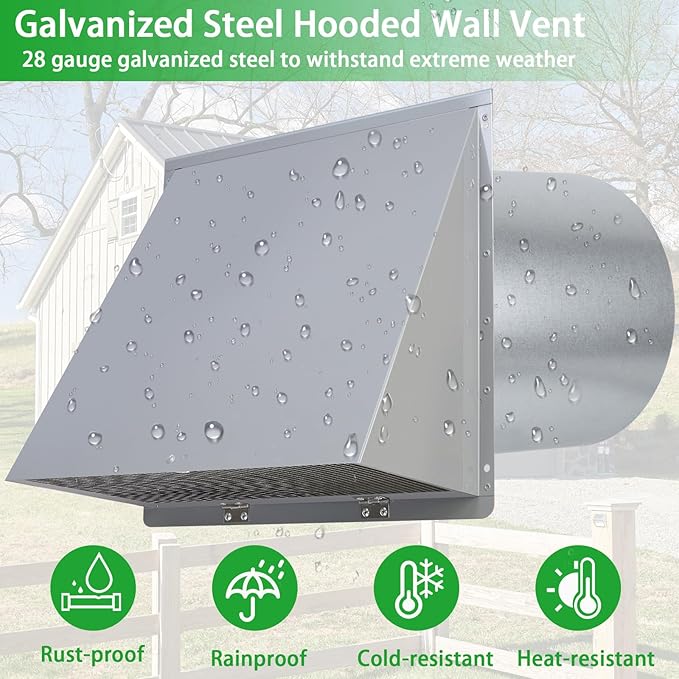10 Inch Hooded Wall Vent with Screen and Damper, Outdoor Wall Exhaust Vent