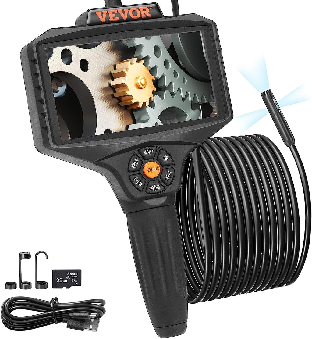 VEVOR Triple Lens Inspection Camera with Light, 5" IPS Screen Industrial Borescope, 8X Zoom 1080P HD Split Screen, 10 LED Lights Scope Camera for Automotive, Plumbing(16.5FT)