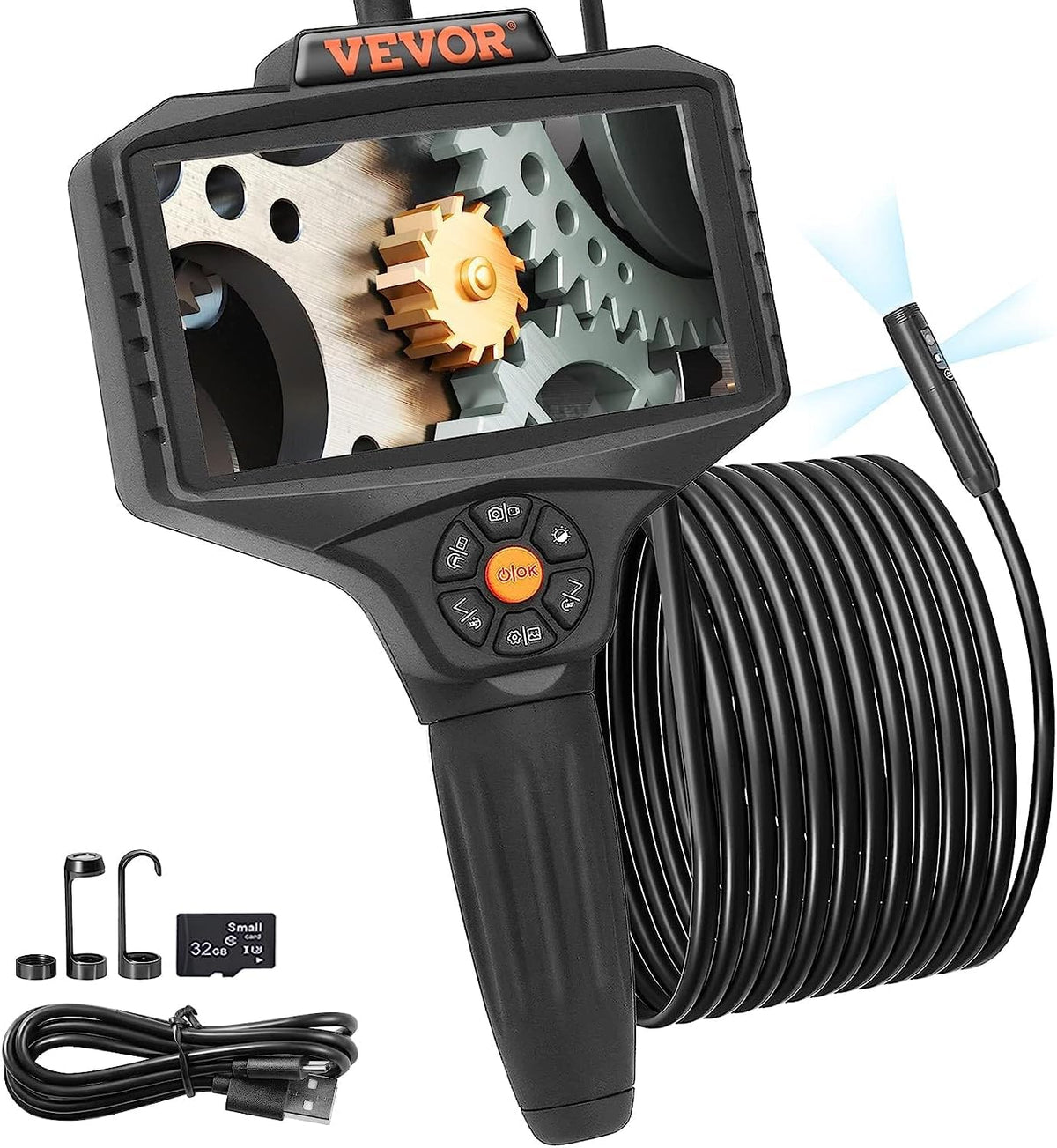 VEVOR Triple Lens Inspection Camera with Light, 5" IPS Screen Industrial Borescope, 8X Zoom 1080P HD Split Screen, 10 LED Lights Scope Camera for Automotive, Plumbing(16.5FT)
