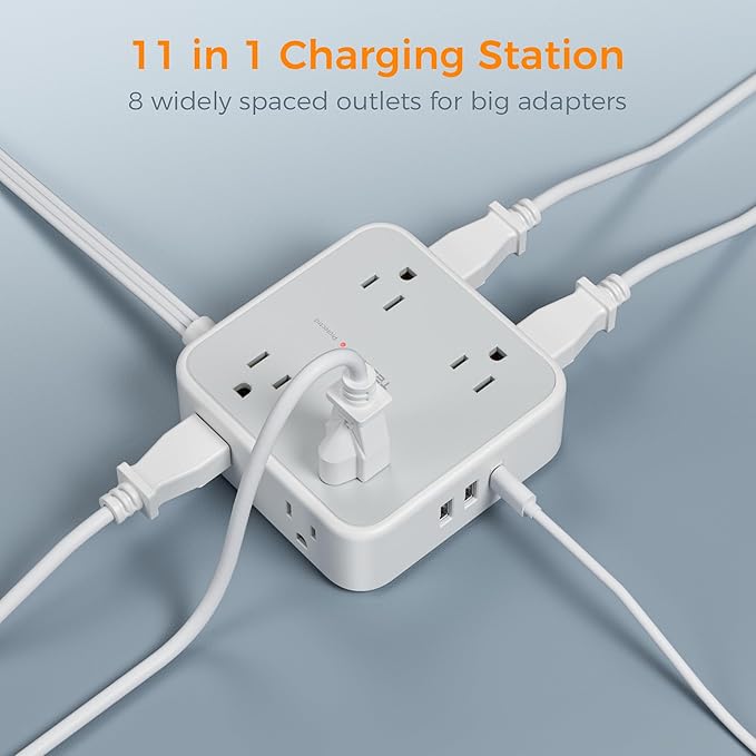 Flat Plug Long Extension Cord 25 Ft, TESSAN Power Strip Surge Protector