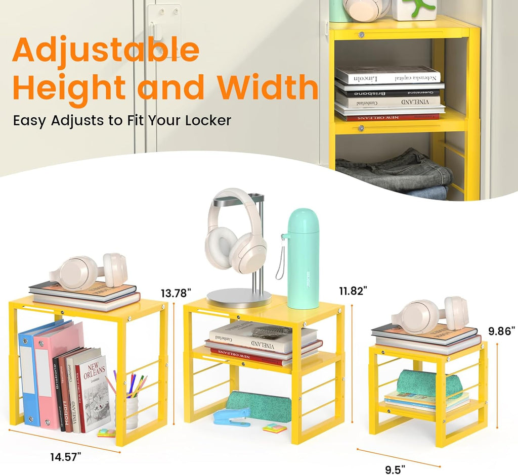 lidtop locker organizer shelf yellow, metal adjustable width on a desk or shelf