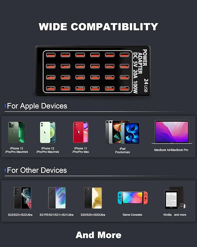 24-Port 100 watt USB Charging Station, Travel Desktop USB Rapid Charger