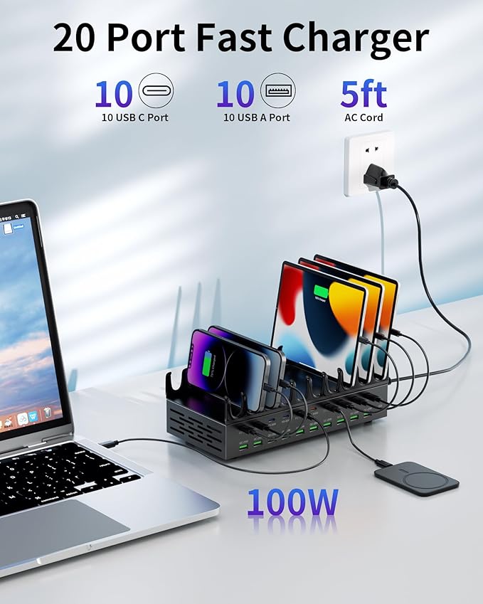 690W Charging Station for Multiple Devices, 20-Port USB C Fast Charging Station