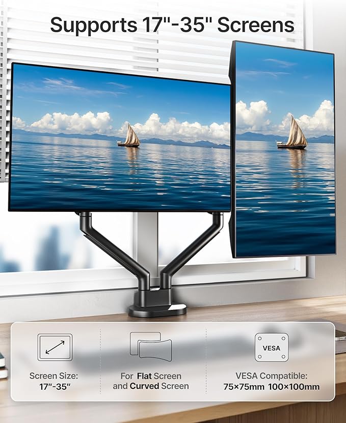 monTEK Dual Monitor Stand for 2 Screens 17 to 35 Inch, Heavy Duty Monitor Mount