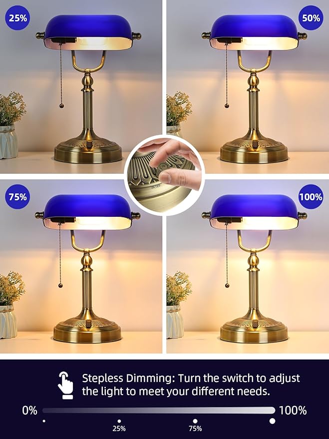 Newrays Blue Glass Bankers Desk Lamp, Stepless Dimmable Table Lamp Plug in