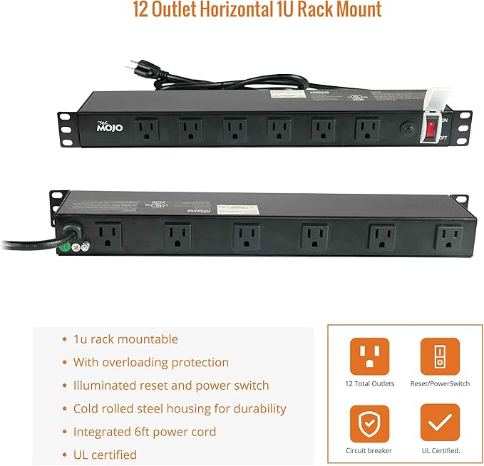 Tecmojo 1U Rackmount Network-Grade PDU Power Strip, 12 Wide-Spaced Right Angle