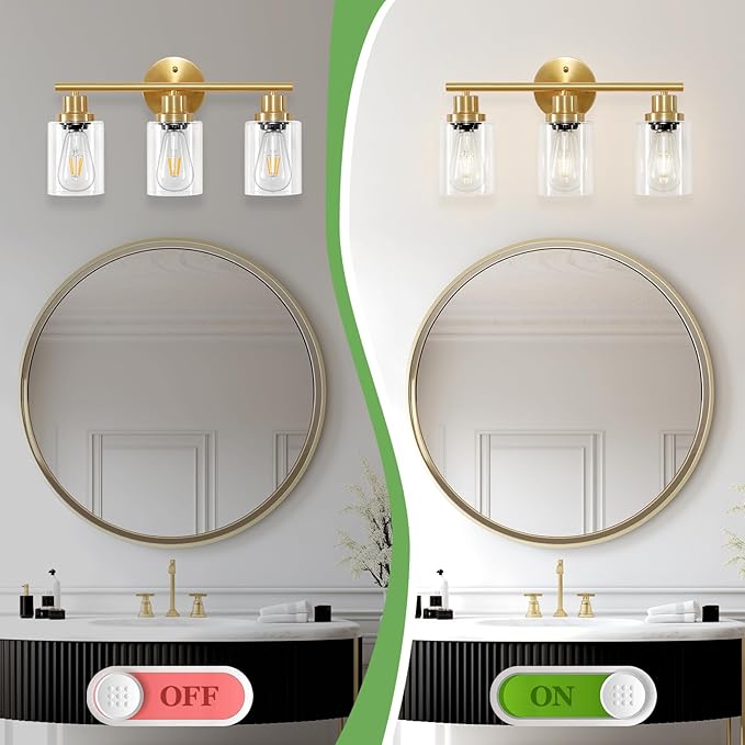 Guliaofo 3-Light Brushed Gold Vanity Lights, E26 Modern Bathroom Light Fixtures