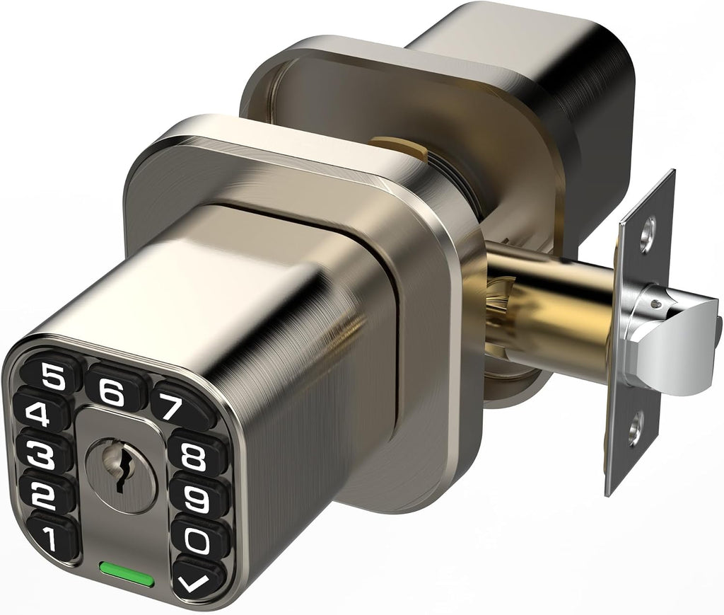 Richelock Square Door Knob with Keypad, Keylees Entry Door Lock with Cylinder, Auto Lock, Waterproof & Weatherproof Code Doorknob for Outdoor & Indoor, Bedroom, Entry Door,Office -Satin Nickel