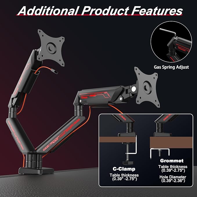 Fydeamer Dual Monitor Arm for 17-35" Screens up to 24.2 lbs, Ergonomic Gas