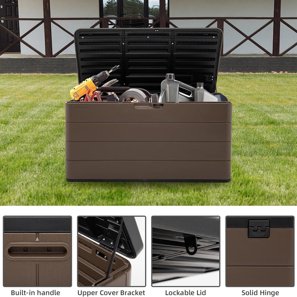 outdoor storage box waterproof, 100 gallon plus lockable shown in use