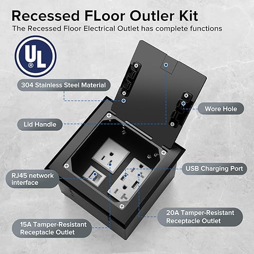 Vagueior Recessed Flat Hidden Floor Electrical Outlet Box Kit, Stainless Steel