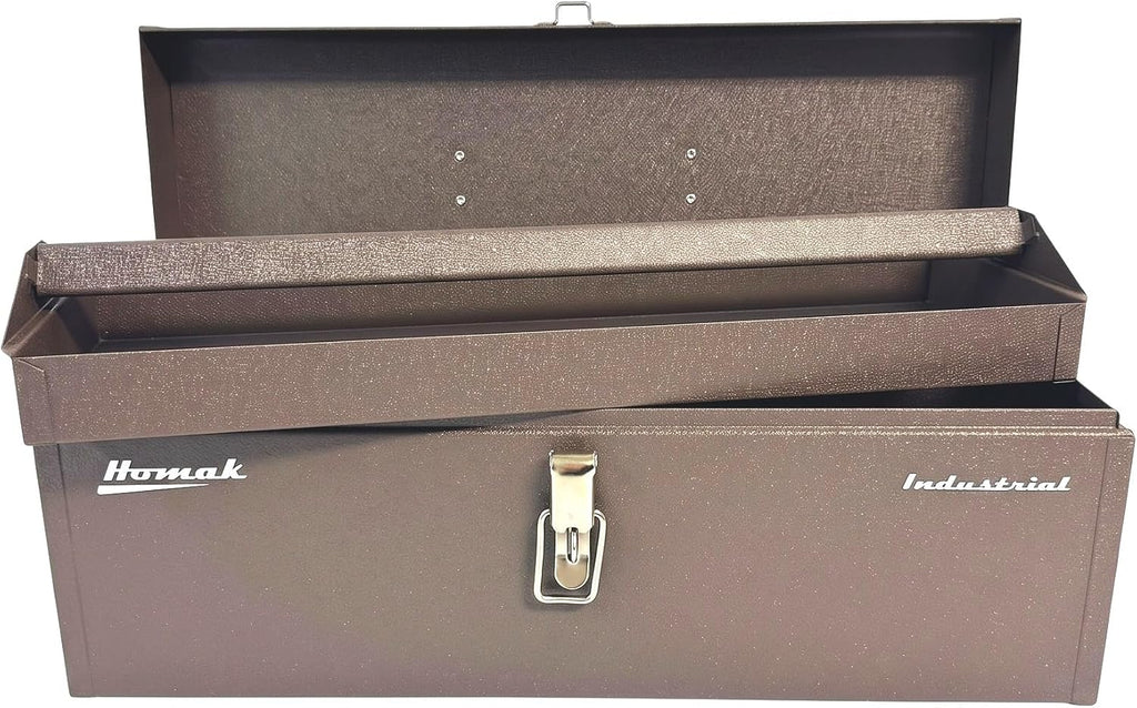 homak industrial 20-inch tool tote steel toolbox, brown shown in use