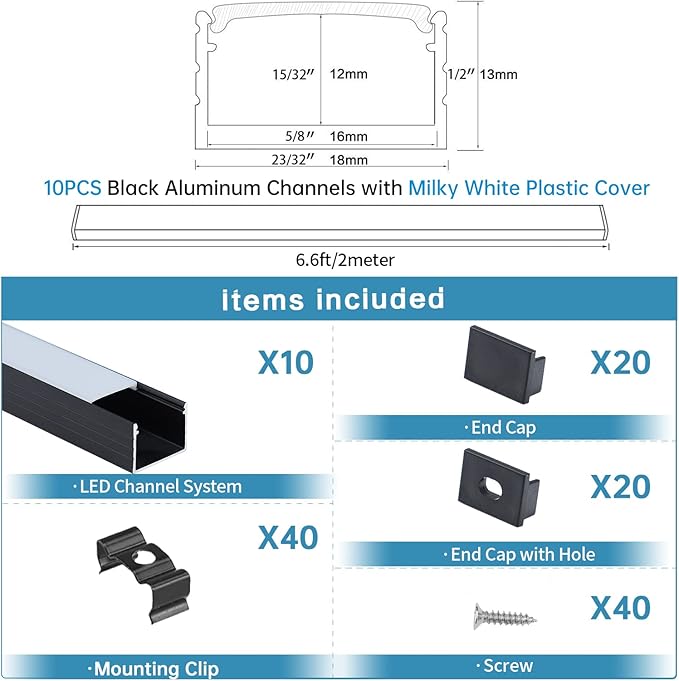 Muzata 10Pack 6.6FT/2M Plus-Size Spotless LED Channel Black LED Strip Diffuser