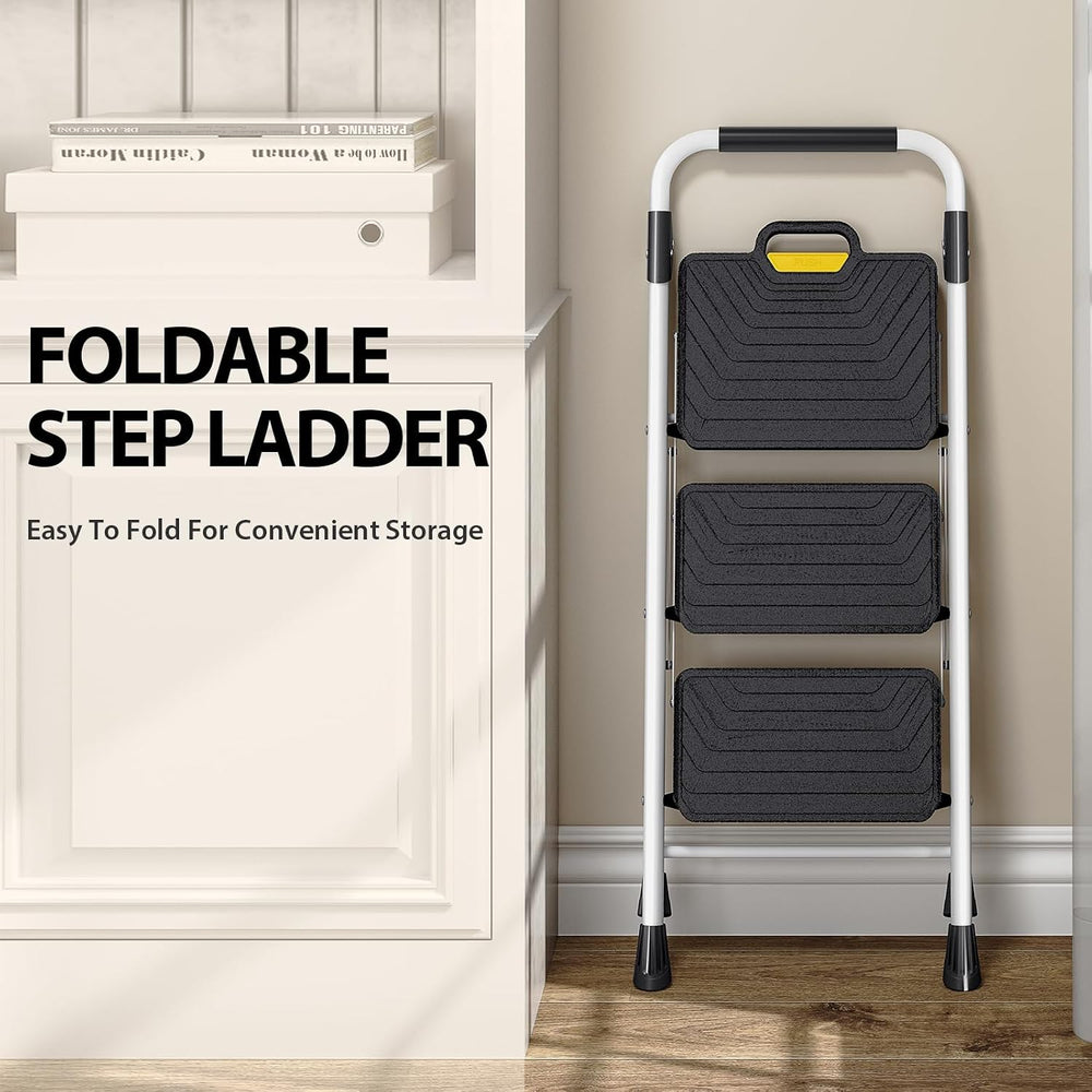TOOLF 3 Step Ladder, Folding Portable Ladder with Anti-Slip Pedals, White
