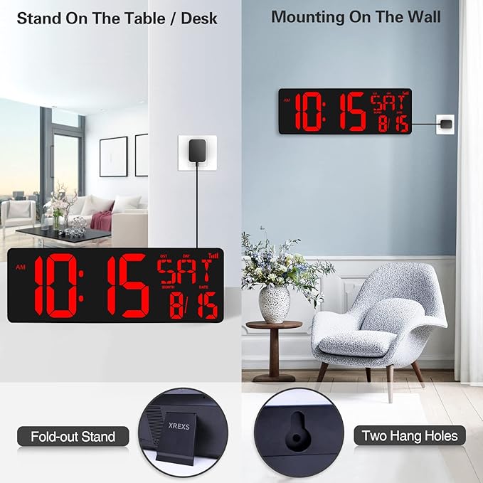 XREXS Large Digital Wall Clock WiFi Sync, 16.5 in Large Display Wall Clock