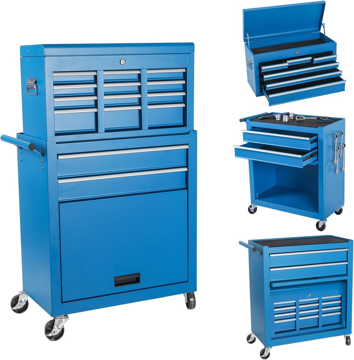 8-Drawer Rolling Tool Chest with Detachable Top Tool Box, Tool Cabinet with Universal Lockable Wheels, Mechanic Tool Organizer Storage Box for Garage Workshop Repair Shop Warehouse (Blue)