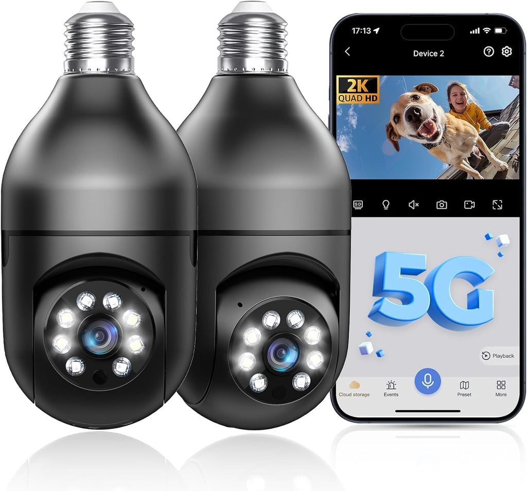 Light Bulb Security Camera 5G/2.4GHz WiFi 2K Lightbulb Security Cameras Wireless Outdoor, 360 Screw in Sight Bulb Motion Detection Siren Alarm Light Socket Camera 2-Way Audio Color Night Vision