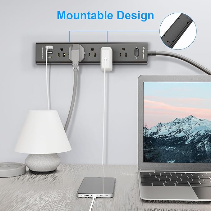 10FT Long Surge Protector Power Strip-with 5 Widely Outlets and 3 USB Ports (2 Pack)