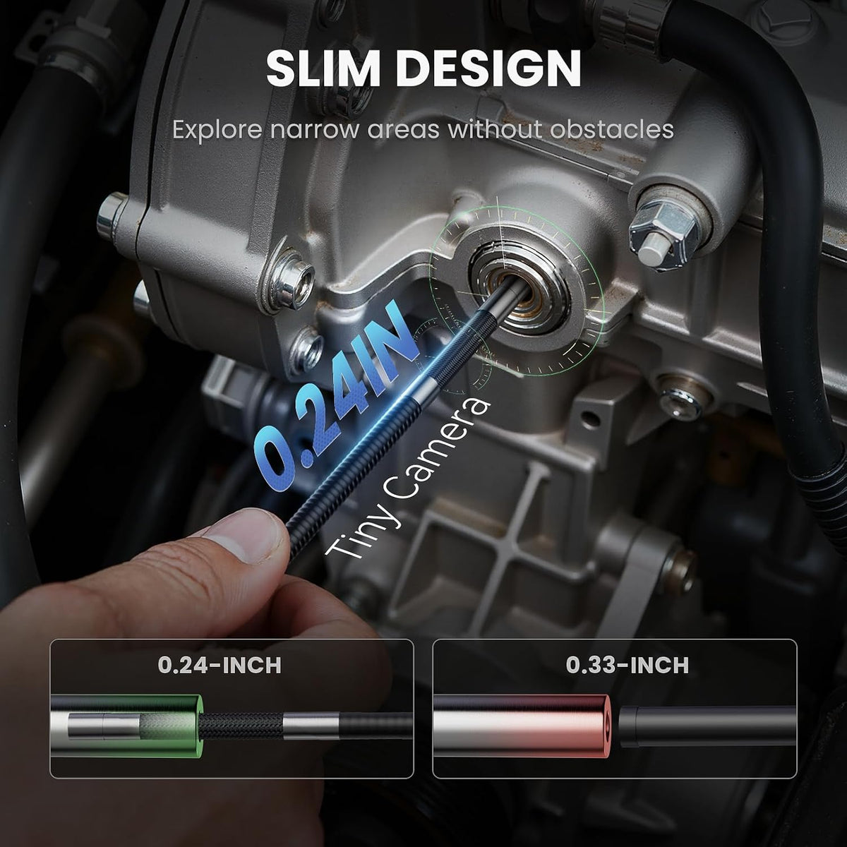 ralcam 360° articulating borescope, 6.2mm/0.24in slim probe showing dimensions
