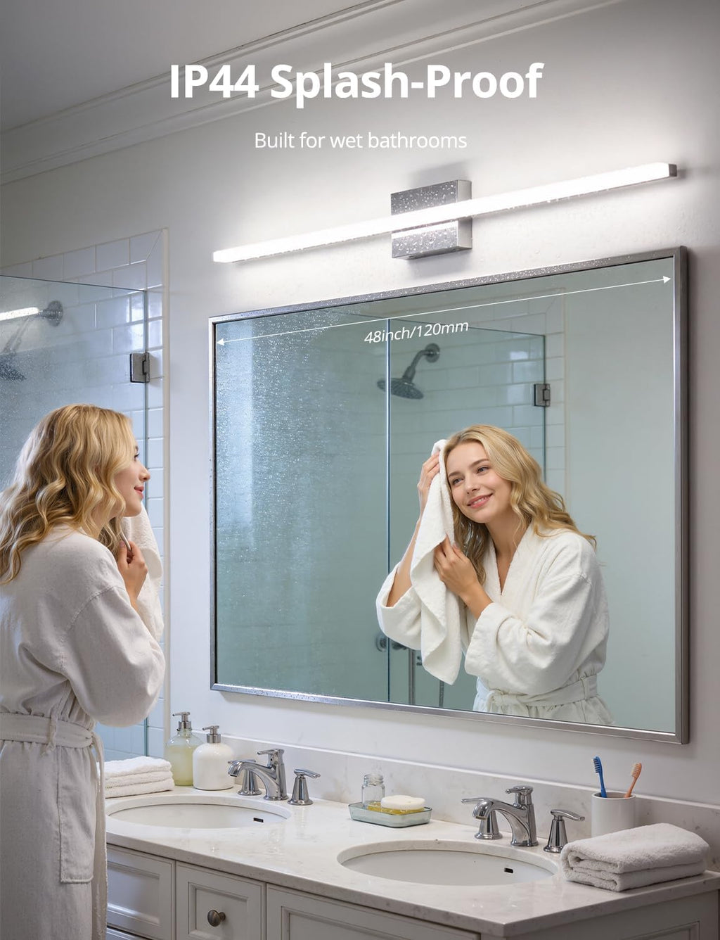 Bathroom Vanity Light Fixtures Above Mirror, Modern Wall Lamp Chrome | 48 Inch Extra-Long, Gentle Shadow Free, Linear Design, for Makeup, Simple Slim, Splash-Resistant, 6000K Cool White, 1 Pack