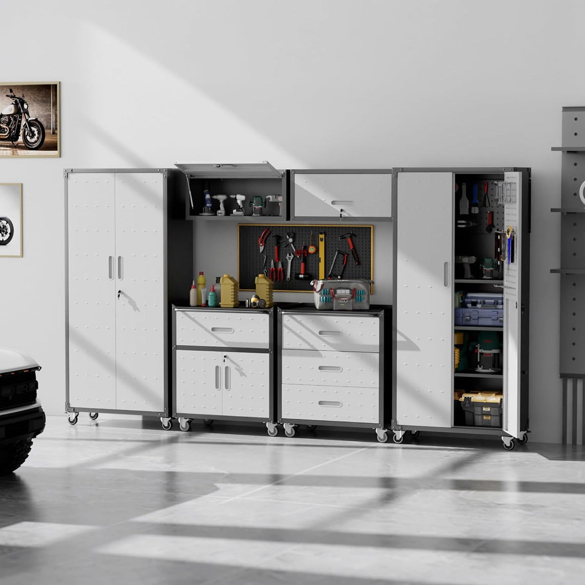 6-Piece Garage Storage Cabinets System Heavy Duty Workshop Set Includes Wall-Mounted and Rolling Cart Metal Tool Organization System for Garage Workshop