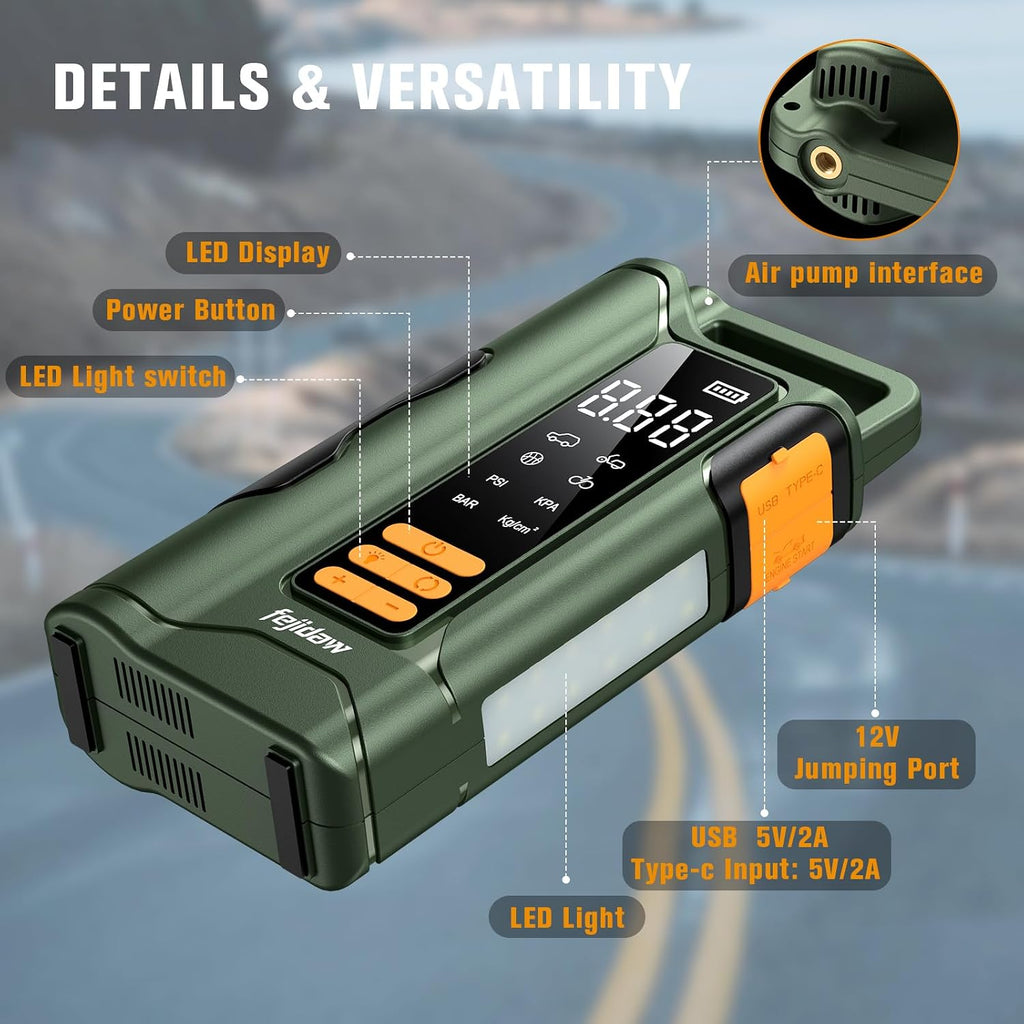 6000A Jump Starter with Air Compressor, 160PSI, 20000mAh, Car for 10L Gas/8L Diesel, UL Certified | Reverse Polarity Protection | LED Display & SOS Light | USB-C 5V/2A | 2-Year Warranty | 3.3 lbs