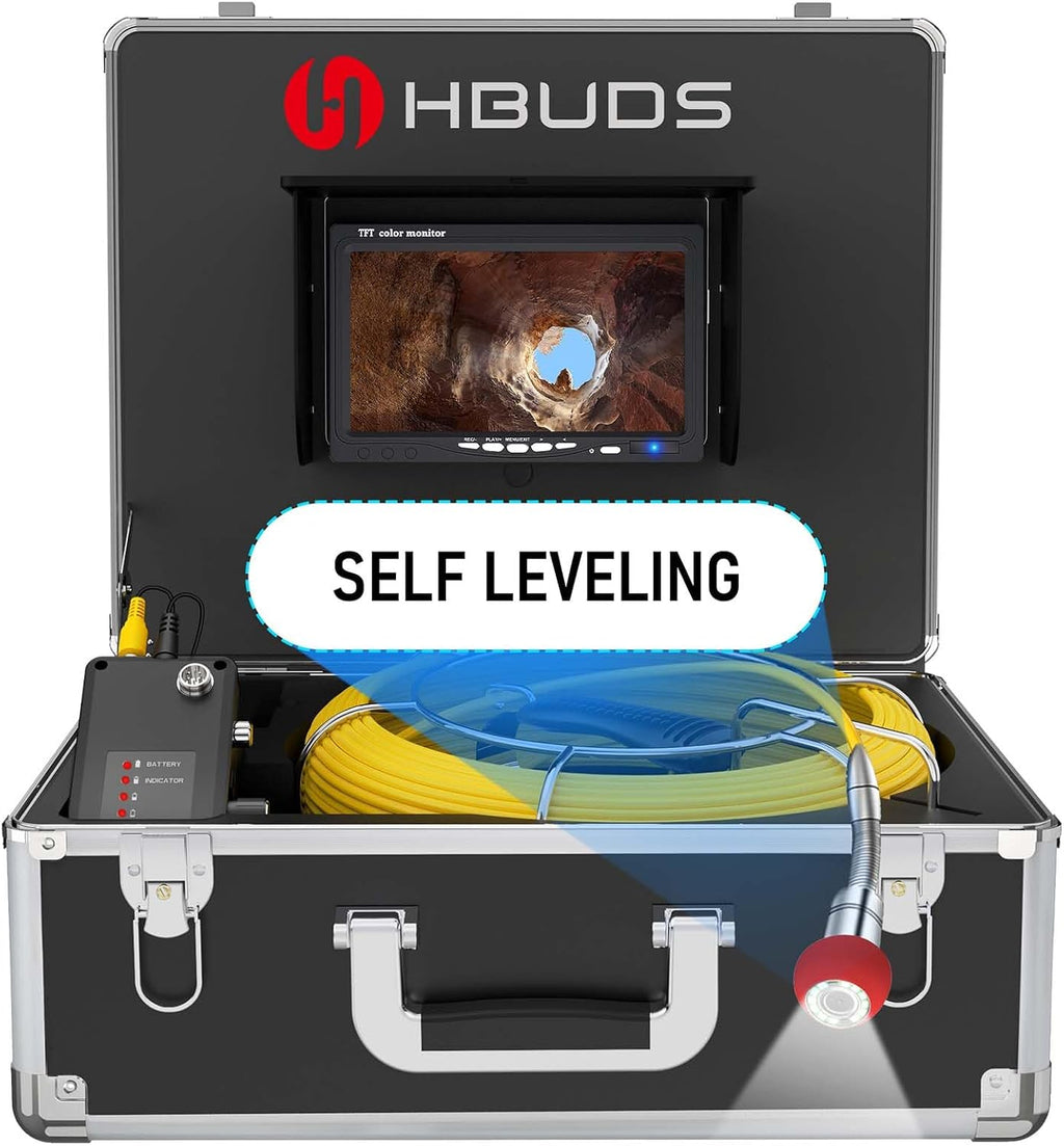 Sewer Camera Self Leveling, 100ft Drain Pipe Cameras with Meter Counter, 12V 4500mAh Battery Plumbing Snake Camera with Light, 7" Color HD Duct Chimney Sewer Inspection Cam, DVR Recorder 16GB