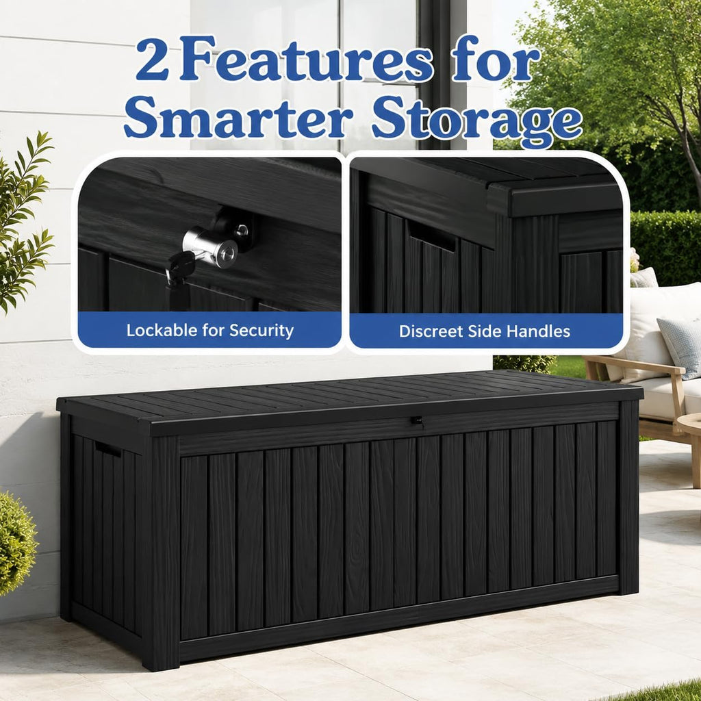outdoor deck storage box,waterproof,black,220 gallon, close-up detail