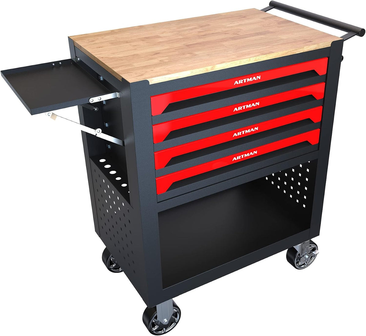 lockable 4-drawer rolling tool chest with wooden top, side view