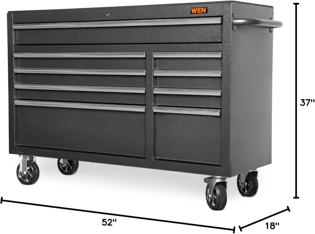 wen 52-inch premium rolling tool cabinet, black, heavy shown in use
