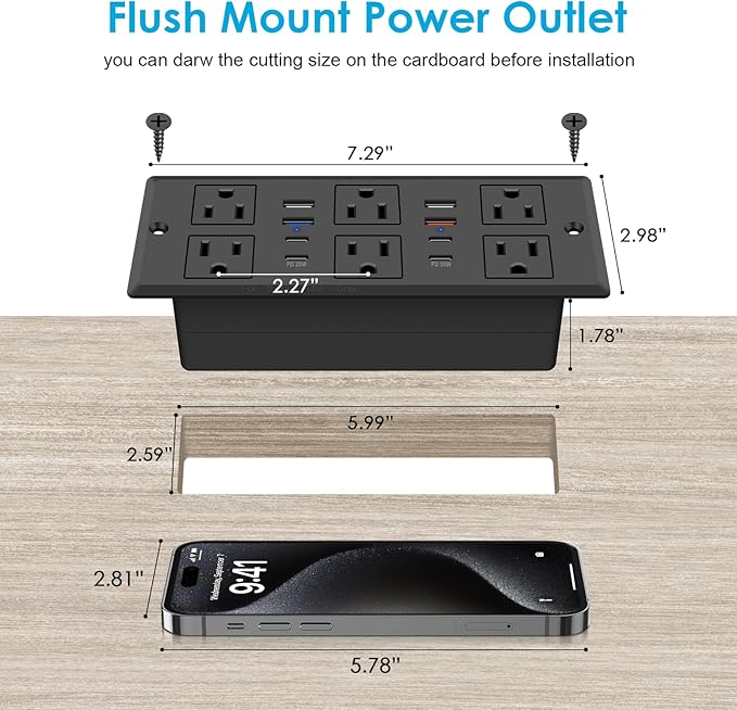 30W Recessed Power Strip USB C, Desk Flush Mount Outlet Plug in 6 AC & 8 USB