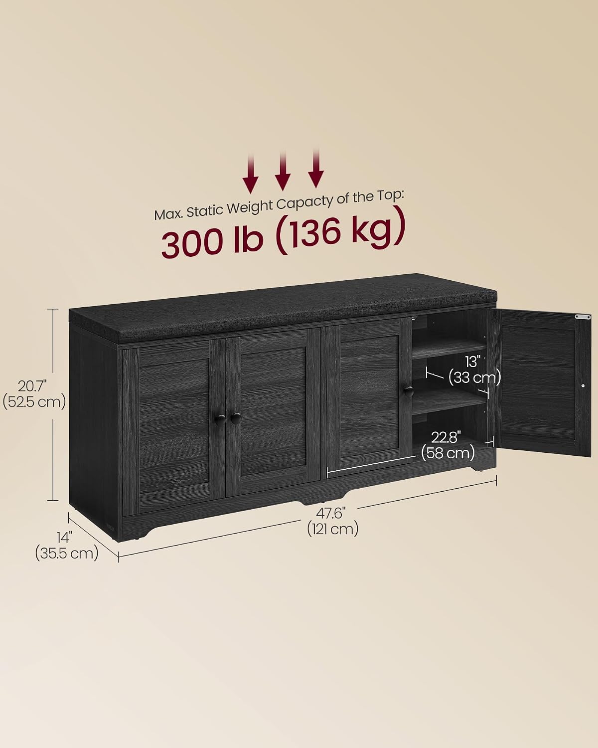vasagle 3-tier shoe storage bench with cushion, 14, close-up detail