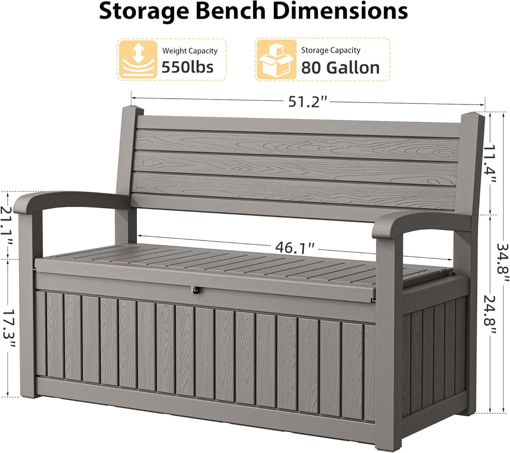 80 gallon lockable deck bench with storage, resin shown in use