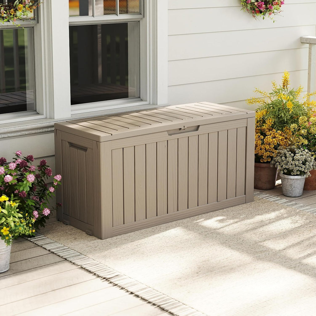 easyup outdoor storage box 100 gallon waterproof resin on a desk or shelf