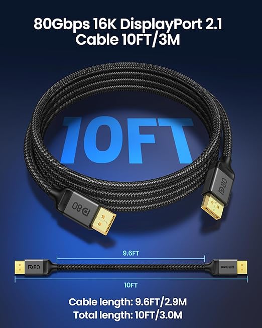 Silkland 80Gbps DisplayPort Cable 2.1 10FT/3M, DP 2.1 Cable 16K, DP80 HDR DSC