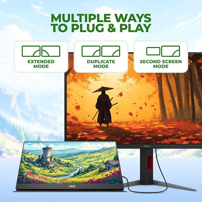 AOC 16T20 Portable Monitor 15.6" FHD 1080p IPS Display, USB-C Portable Laptop