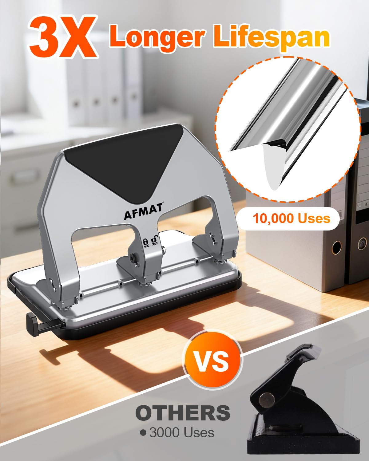 AFMAT 3 Hole Punch Heavy Duty, 50-Sheet Three Hole Punch, 50% Reduced Effort, 10,000+ Uses, 9/32" Holes, S.S. Paper Guide, 3 Hole Puncher for Binder, Metal Hole Puncher for Home Office School HP20