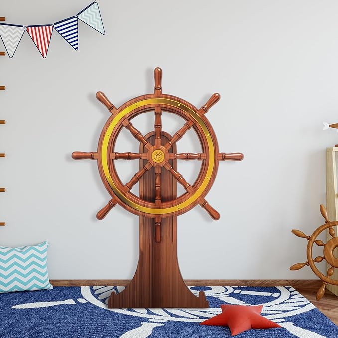 4 Feet Pirate Nautical Party Decorations Halloween Ship Wheel Cardboard Cutout Stand up Large Captain Wheel Photo Props Back Drops for Halloween Pirate Nautical Party Outdoor Home Decor