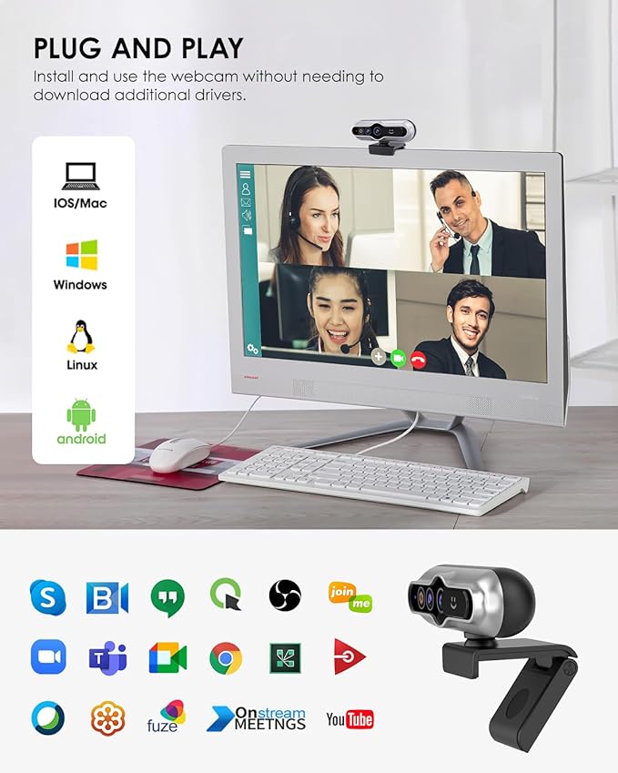 2K HD Webcam with Infrared Windows Hello Facial Recognition, Computer Camera