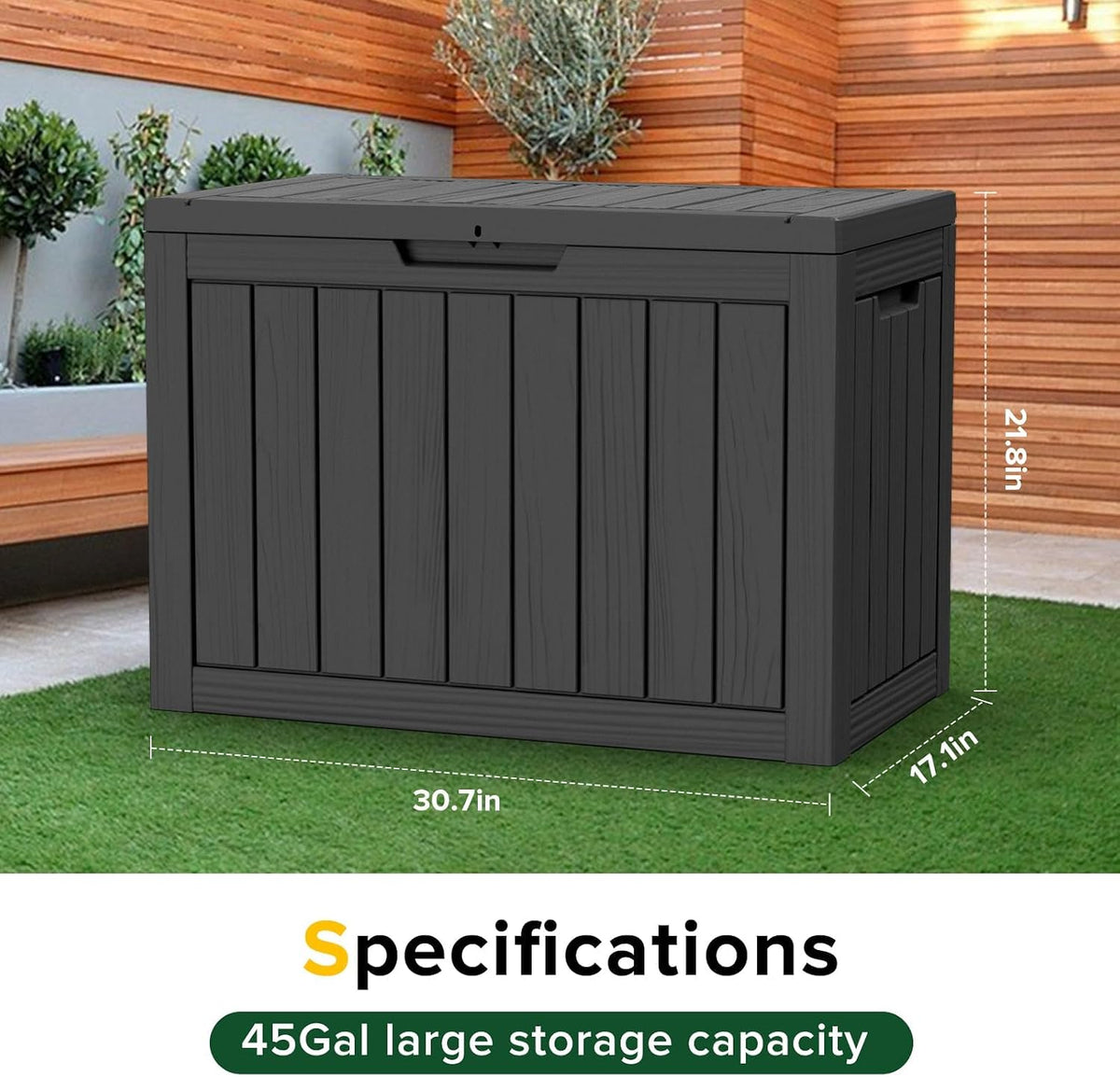 outdoor storage box 45gal waterproof resin deck box,uv-resistant showing dimensions