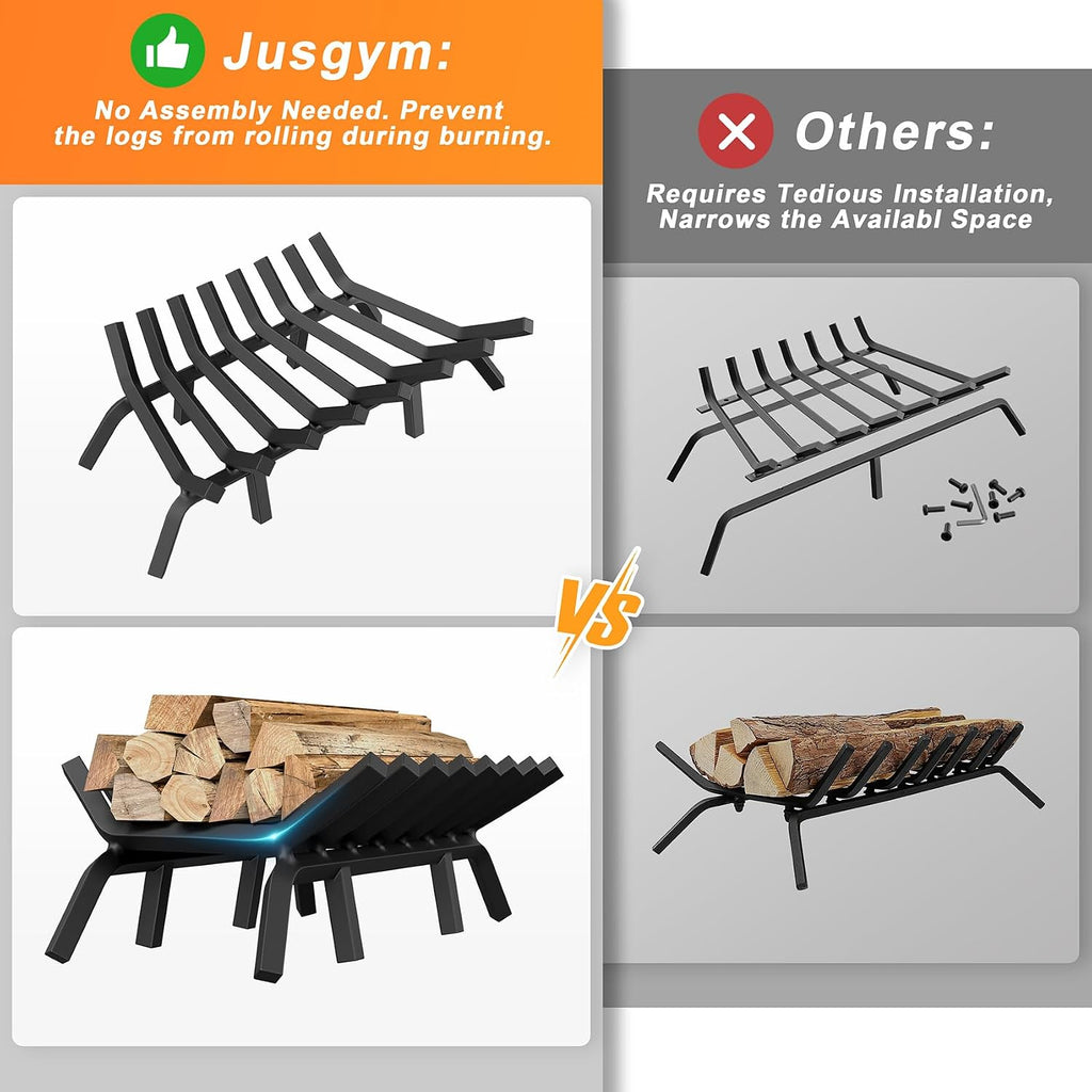 Jusgym Fireplace Grate 30 Inch with 8 Support Legs and Fire Tongs & Poker