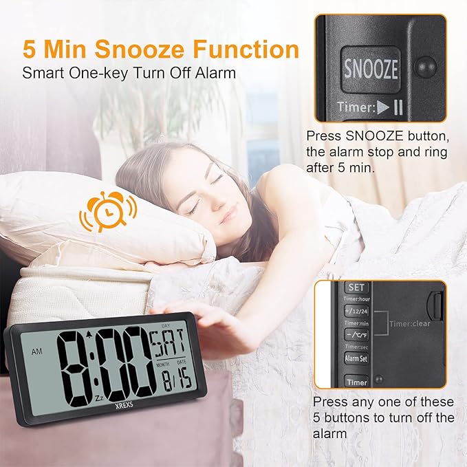 XREXS Large Digital Wall Clock, Battery Operated Alarm Clocks