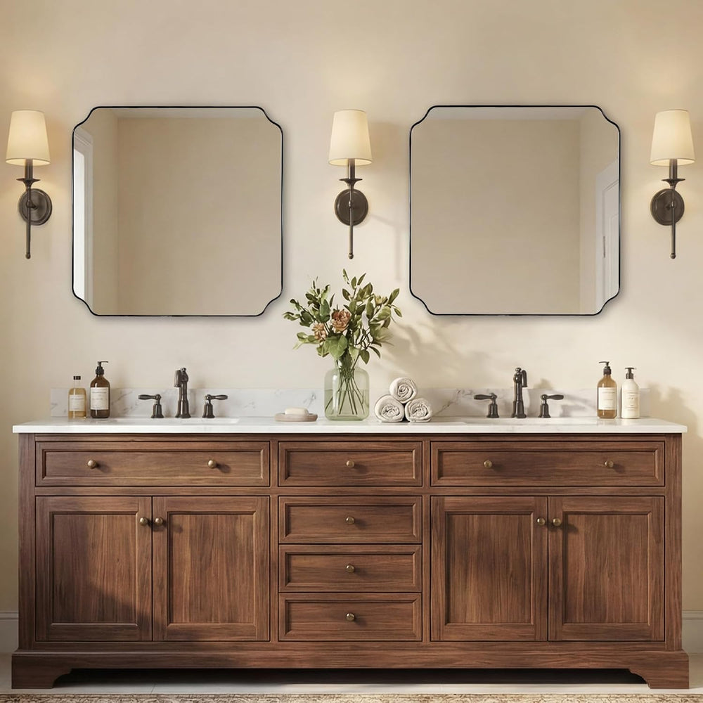 ANDY STAR 24x24 Inch Square Mirror, Matte Black Vanity Mirror, Modern Scallop...