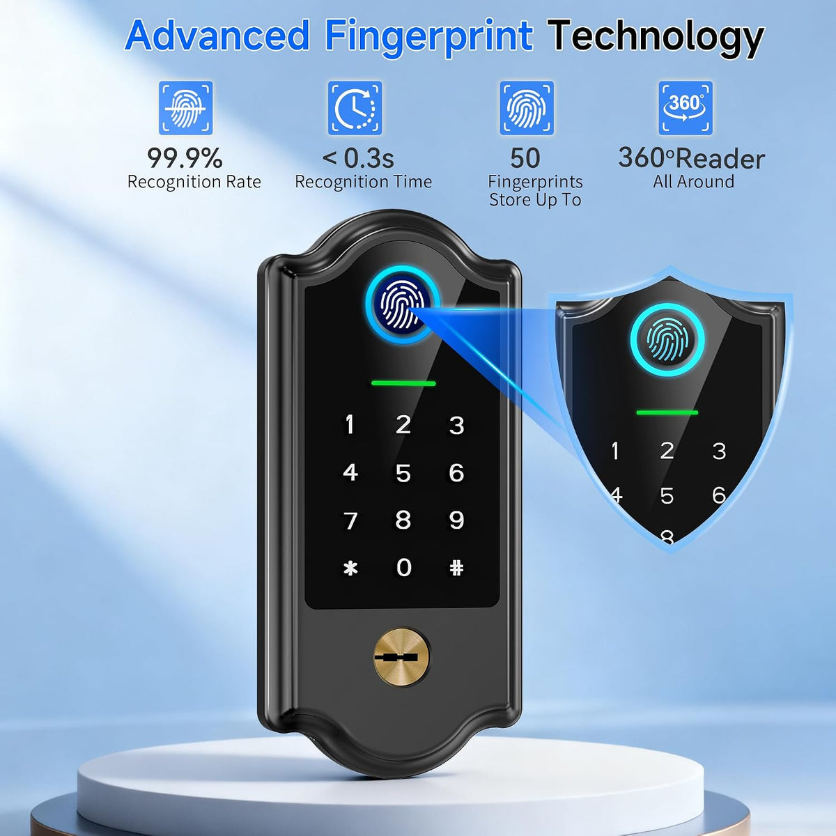 smart fingerprint door lock with keypad and handle, close-up detail